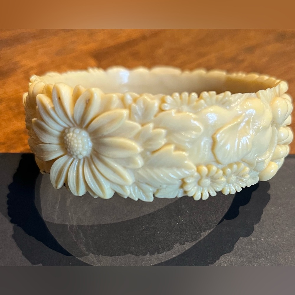 Vintage Celluloid Bangle Bracelet Floral with Elephant